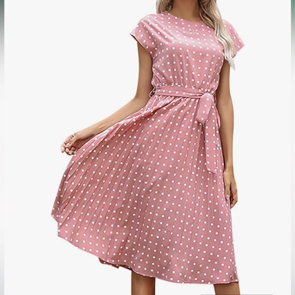 Rosy Pink Polka Dotted Midi Dress Belted Size Large NWT